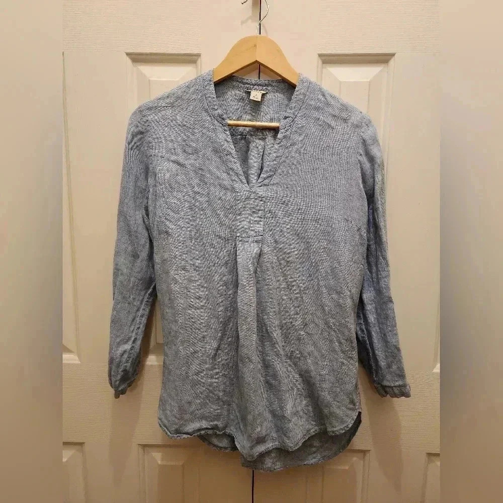 L.L.Bean 100% Linen Long Sleeve Split neck Shirt Tunic Pullover-Size -Small 🩵